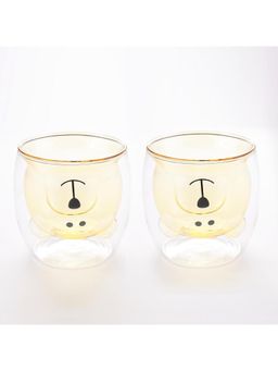 Kuber Industries - Cute Teddy Bear Borosilicate Double Wall Glass Cups - 250ml, Yellow (Pack of 2)