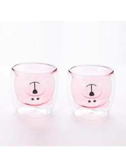 Kuber Industries - Cute Teddy Bear Borosilicate Double Wall Glass Cups - 250ml, Pink (Pack of 2)