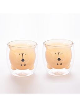 Kuber Industries - Cute Teddy Bear Borosilicate Double Wall Glass Cups - 250ml, Amber (Pack of 2)
