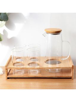 Kuber Industries - Glass Jug Set with Bamboo Tray and 4 Water Glasses, Bamboo Lid - 950ml (Set of 6)