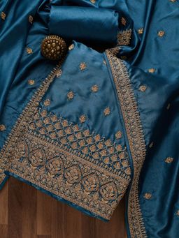 Koskii - Peacock Blue Zariwork Raw Silk Unstitched Salwar Suit (Set of Three)