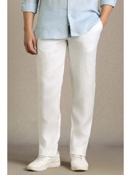 Louis Philippe - Men White Solid Flat Front Casual Trousers