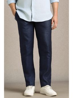 Louis Philippe - Men Blue Textured Flat Front Casual Trousers