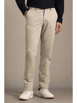 Louis Philippe - Men Beige Solid Flat Front Casual Trousers
