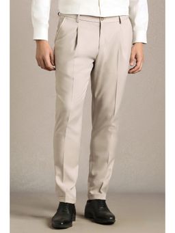 Louis Philippe - Men Beige Textured Pleated Formal Trousers