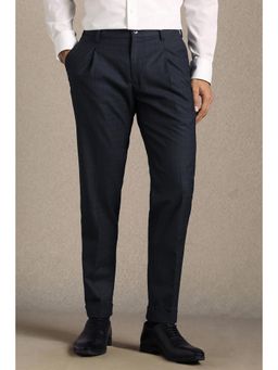 Louis Philippe - Men Navy Blue Solid Pleated Formal Trousers