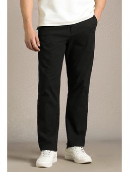 Louis Philippe - Men Black Solid Flat Front Casual Trousers