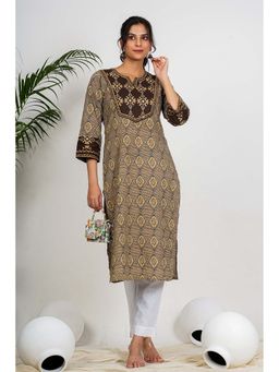 Vbuyz - Women Checkered Print Straight Cotton Brown and Beige Stitched Kurta