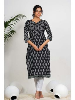 Vbuyz - Women Floral Printed Straight Cotton Black Stitched Kurta