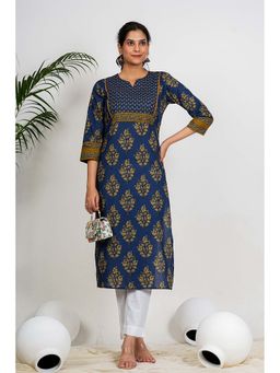 Vbuyz - Women Floral Printed Straight Cotton Aqua Blue Stitched Kurta
