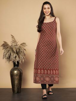 Vbuyz - Women Floral Print Straight Cotton Maroon Stitched Kurta