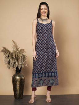 Vbuyz - Women Floral Print Straight Cotton Navy Stitched Kurta
