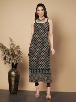 Vbuyz - Women Floral Print Straight Cotton Green Stitched Kurta