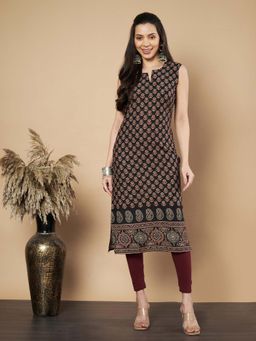 Vbuyz - Women Floral Print Straight Cotton Black Stitched Kurta