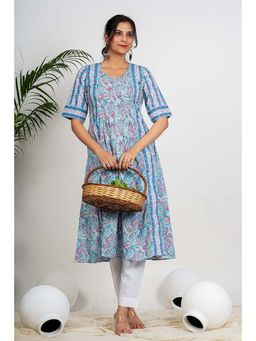 Vbuyz - Women Paisley Print Anarkali Cotton Sky Blue Stitched Kurta