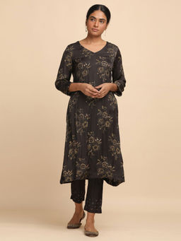 Folksong - Solid Green Printed Kurta in lustrous Modal Satin