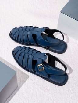 PRIVO - Mens Blue Striped Round Toe Casual Leather Sandals