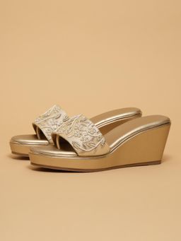 ERIDANI - Aadhya Gold Embroidered Wedges Heels