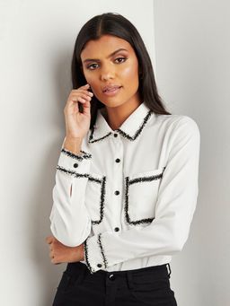 Styli - White Boucle Trim Pocket Detail Long Sleeves Shirt