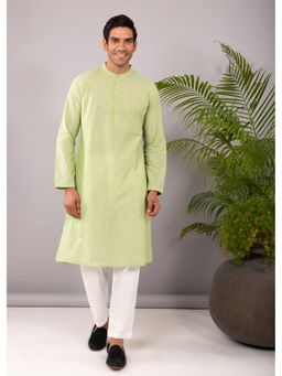 RATAN JAIPUR - Green Regular Woven Cotton Full Sleeve Chinese Collar Long Kurta