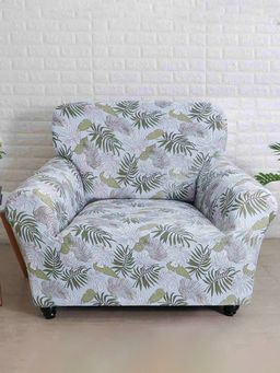 At Home by Nilkamal - stretchable 1 Seater Fitted Sofa Cover|Set of 1 - 140 x 90 cm|Off White Floral