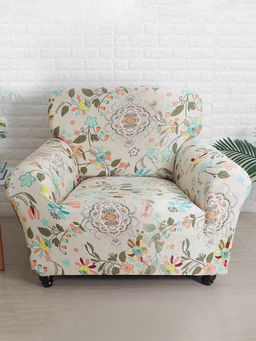 At Home by Nilkamal - stretchable 1 Seater Fitted Sofa Cover | Set of 1 - 140 x 90 cm|Floral White Damask