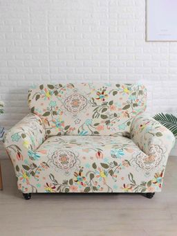 At Home by Nilkamal - stretchable 2 Seater Fitted Sofa Cover | Set of 1 - 185 x 90 cm|Floral White Damask
