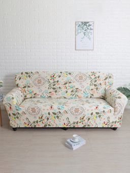 At Home by Nilkamal - stretchable 3 Seater Fitted Sofa Cover | Set of 1 - 230 x 90 cm|Floral White Damask
