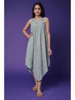 Zari Jaipur - Women Green Cotton Stripes Printed Midi Dress