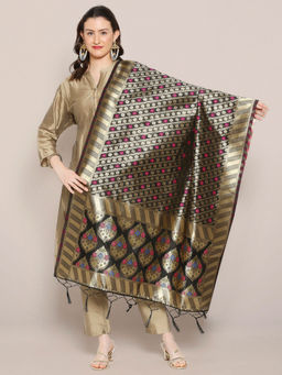 Dupatta Bazaar - Womens Black Banarasi Silk Dupatta with floral Motif design