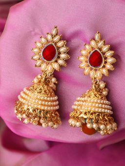 Anika's Creations - Elegant off White Pearl and Stone Designer Gold Plated Red Drop Jhumka Earring