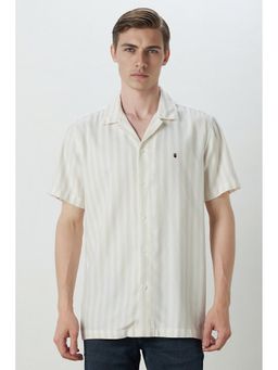 Louis Philippe - Men Cream Slim Fit Stripes Half Sleeves Casual Shirt