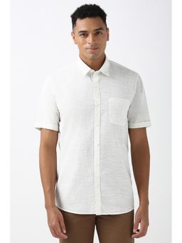 Peter England - Men Cream Slim Fit Print Half Sleeves Shirt