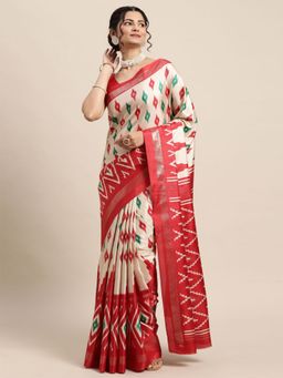 Odette - Womens Dola Silk White Printed Designer Saree with Unstitched Blouse