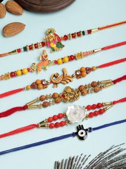 PANASH - Men Set Of 6 Gold-Toned Beaded Handcrafted Rakhis With Roli Chawal