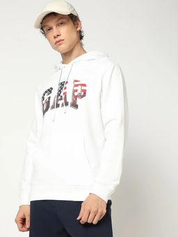GAP - White Men's Logo Print Full Sleeves Hooded Hoodie