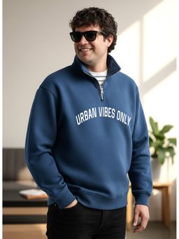UNSTD - Blue Men Plus Size Typography Printed Zipper Sweatshirt