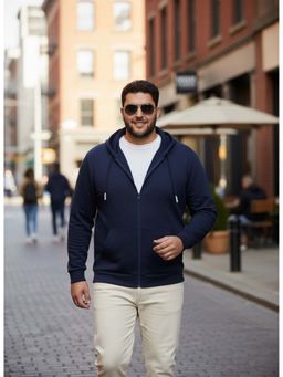UNSTD - Navy Blue Men Plus Size Zipper Solid Hooded Neck Hoodie