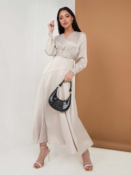 Styli - Silver Long Sleeves V Neck Satin A-Line Belted Maxi Dress (Set of 2) (S)