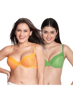 Shyaway - Susie Demi Coverage Green Lace Under wired Padded Pushup Bra -Multi-Color (Pack of 2)