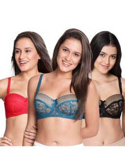 Shyaway - Susie 3/4th Coverage wired Lace Overlay Balconette Padded Bra- Multi-Color (Pack of 3)