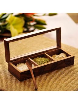 ExclusiveLane - Wooden Hand Engraved Multi-Utility Cum Spice Box With Spoon In Sheesham Wood