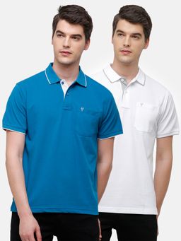 Classic Polo - Men Solid Blue & White Cotton Blend Regular Fit Polo T-Shirts (Pack of 2)