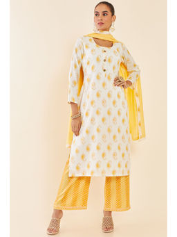 Soch - Mustard Paisley Printed Rayon Unstitched Dress Material with Woven Striped (Set of 3)