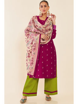 Soch - Wine Rayon Unstitched Dress Material with Woven Butta and Floral Dupatta (Set of 3)