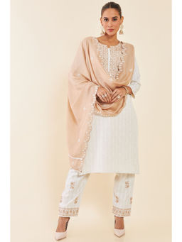 Soch - White Lace and Zari Embroidered Cotton Unstiched Dress Material (Set of 3)