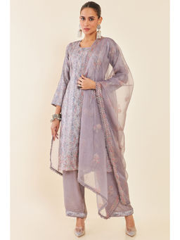 Soch - Grey Geometric Thread Work and Floral Embroidered Organza Unstitched Dress Material (Set of 3)