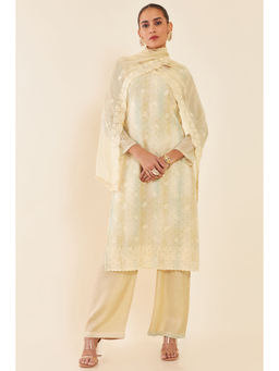 Soch - Beige Embroidered and Printed Georgette Unstitched Dress Material (Set of 3)