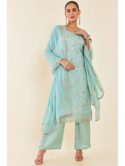 Soch - Turquoise Blue Multi-Colour Embroidered Organza Dress Material with Sequins (Set of 3)