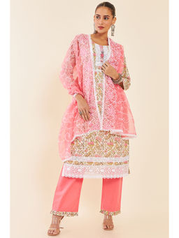 Soch - Pink Floral Printed Cotton Unstitched Dress Material with Mirrors Work (Set of 3)